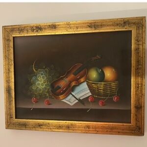 Original Signed Oil on Canvas Baroque Still Life Violin & Fruit Art